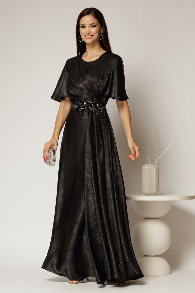 Rochie lunga neagra de seara din voal cu accesoriu in talie