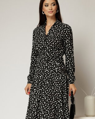 Rochie neagra midi din viscoza si imprimeu cu buline