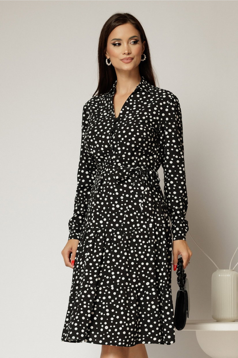 Rochie neagra midi din viscoza si imprimeu cu buline