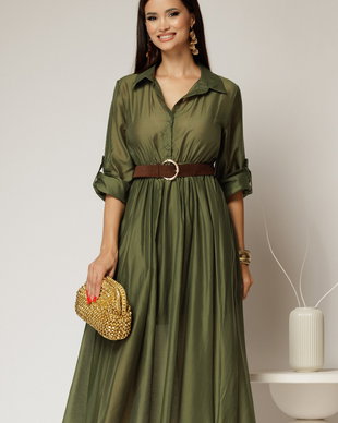 Rochie midi verde olive din tencel si curea maro in talie