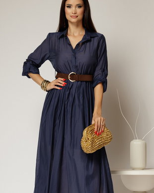 Rochie midi bleumarin din tencel si curea maro in talie