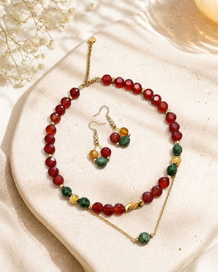 Set "Toamna aurie" colier/choker si cercei carneol, jad, agata