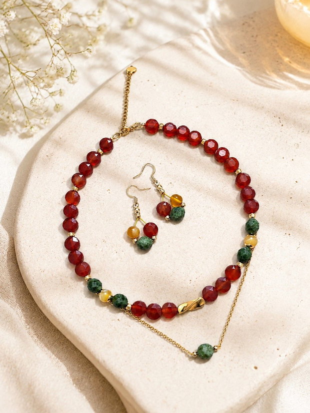 Set "Toamna aurie" colier/choker si cercei carneol, jad, agata