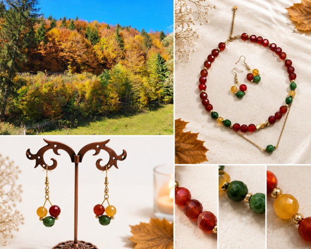 Set "Toamna aurie" colier/choker si cercei carneol, jad, agata
