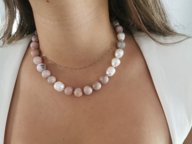 Set colier si cercei din perle de cultura si opal roz CP62