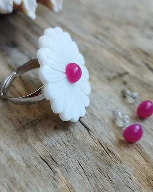 Floare roz - set inel sidef, cercei jad