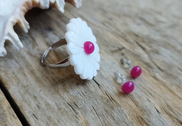 Floare roz - set inel sidef, cercei jad