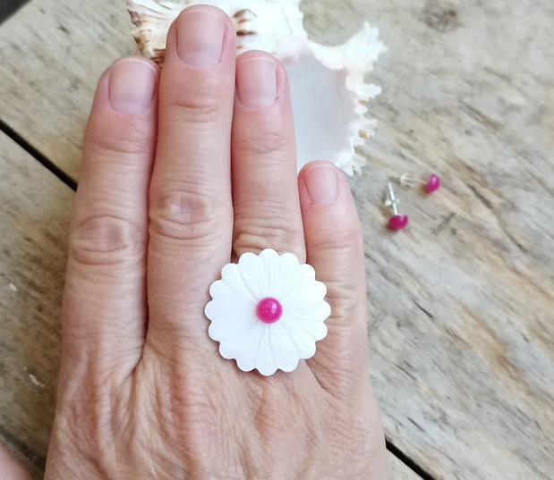 Floare roz - set inel sidef, cercei jad