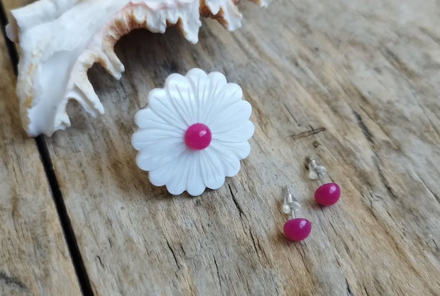Floare roz - set inel sidef, cercei jad