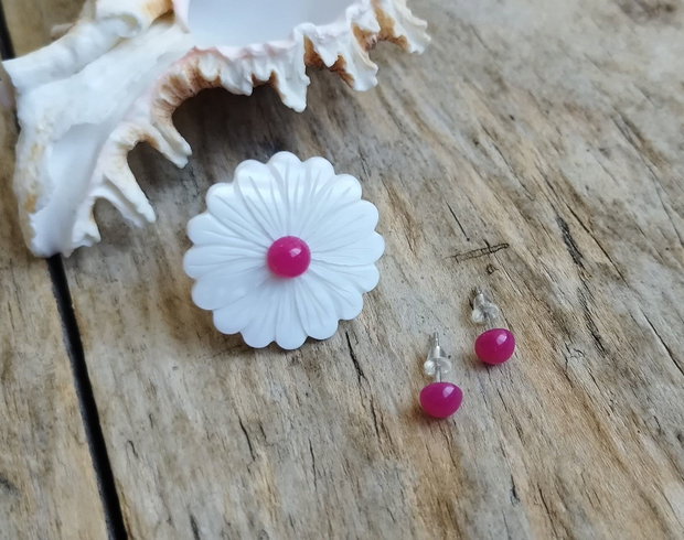 Floare roz - set inel sidef, cercei jad