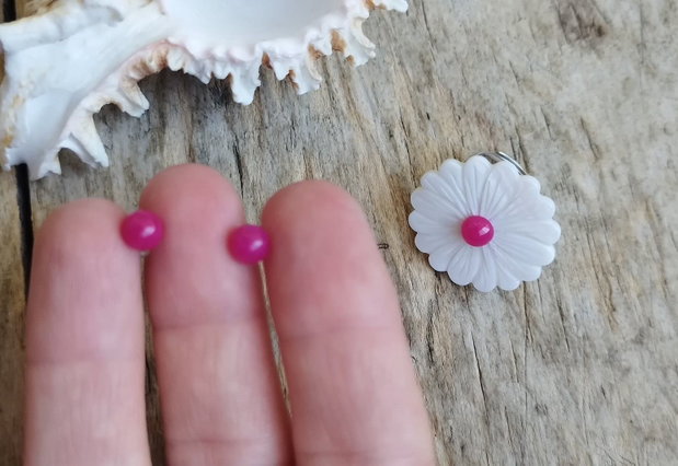 Floare roz - set inel sidef, cercei jad