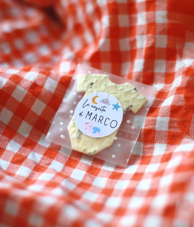 Marturii plantabile - hainuta bebe - hartie manuala plantabila cu seminte si petale de flori