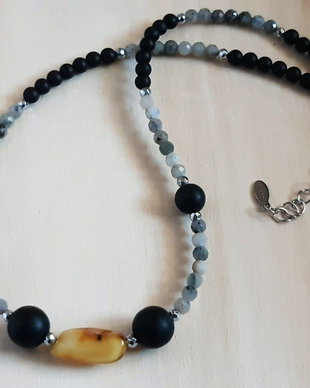 Colier Choker din Onix mat, Sodalit si Chihlimbar