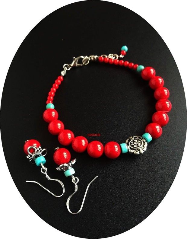 set floral coral rosu si argint