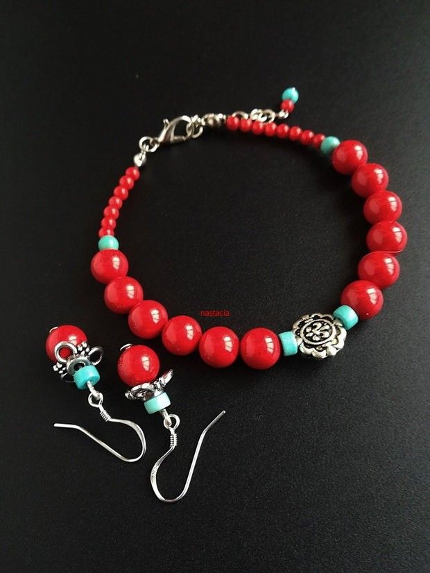 set floral coral rosu si argint