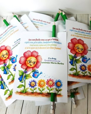 Card personalizat cu creion - cadou prima zi de scoala - tema flori