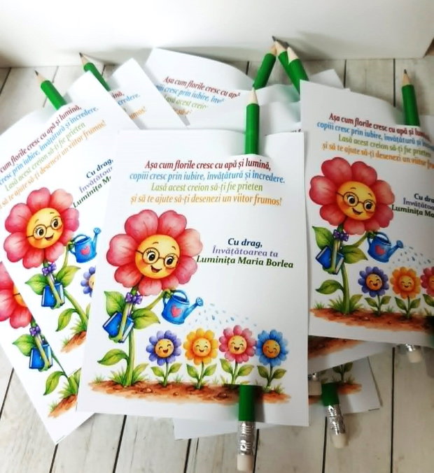 Card personalizat cu creion - cadou prima zi de scoala - tema flori