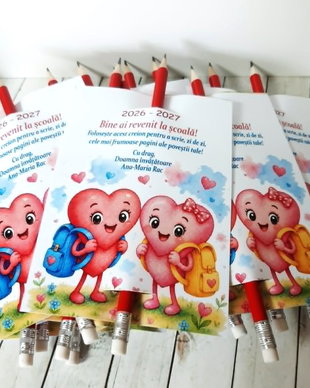 Card personalizat cu creion, - cadou prima zi de scoala - tema inimi