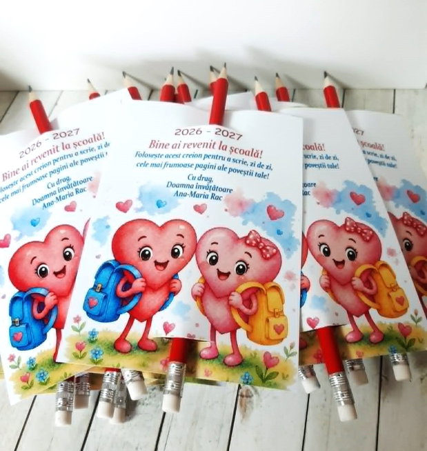 Card personalizat cu creion, - cadou prima zi de scoala - tema inimi