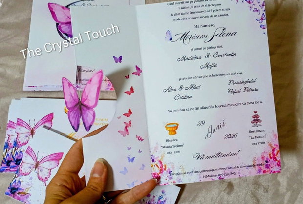Invitații botez tematica fluturi 3D