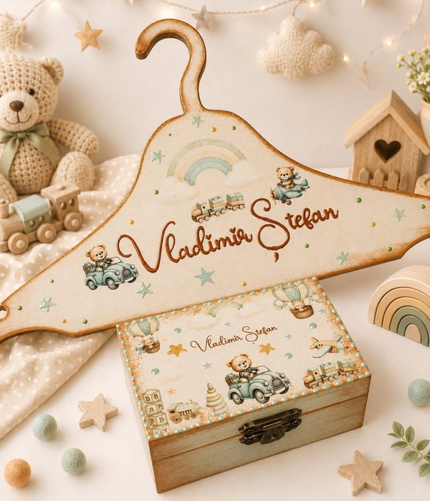Set cadou botez, baby shower, nou nascut, personalizat, ursuleti, bej si vernil