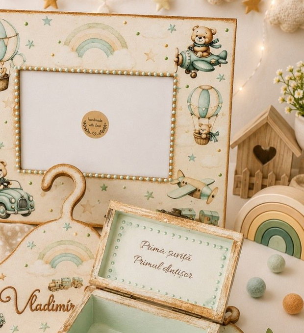 Set cadou botez, baby shower, nou nascut, personalizat, ursuleti, bej si vernil