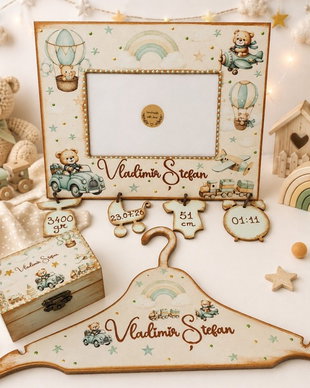 Set cadou botez, baby shower, nou nascut, personalizat, ursuleti, bej si vernil