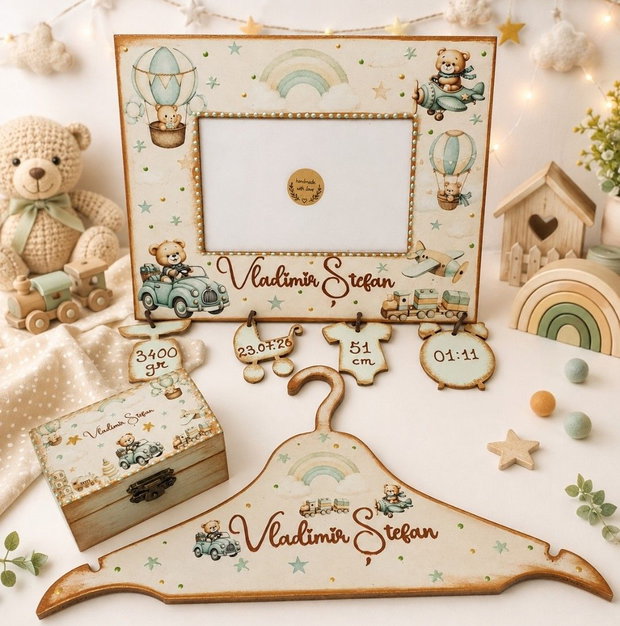 Set cadou botez, baby shower, nou nascut, personalizat, ursuleti, bej si vernil