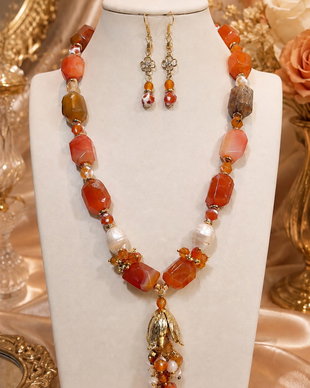 Colier și cercei din agate mari,perle baroc,hematit perle de cultura și accesorii placate cu aur~LAST LIGHT OF AUGUST~