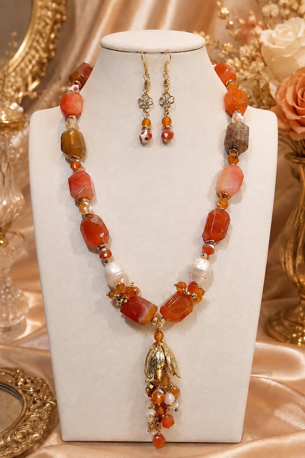 Colier și cercei din agate mari,perle baroc,hematit perle de cultura și accesorii placate cu aur~LAST LIGHT OF AUGUST~