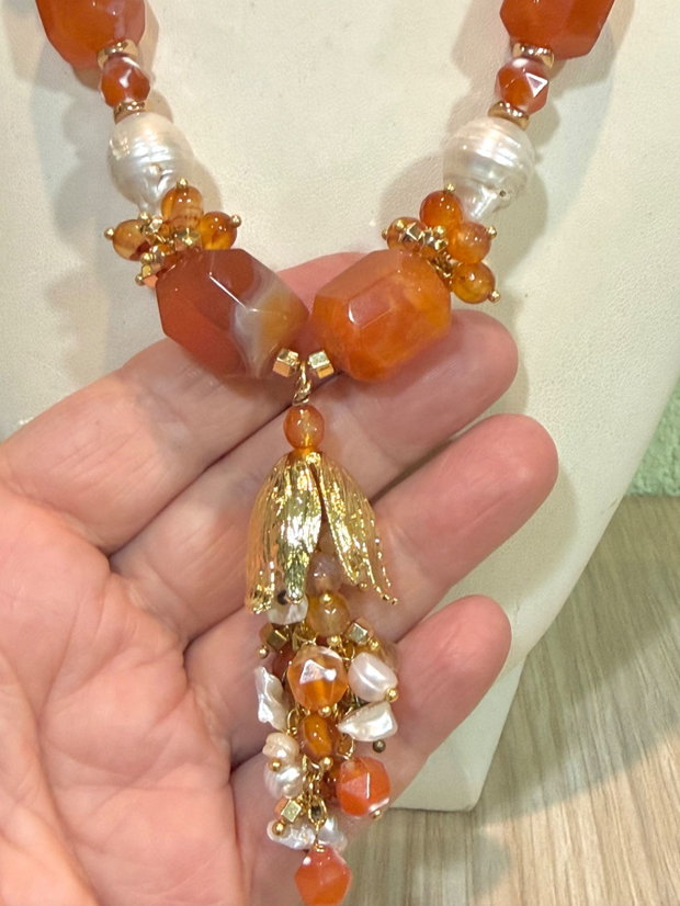 Colier și cercei din agate mari,perle baroc,hematit perle de cultura și accesorii placate cu aur~LAST LIGHT OF AUGUST~