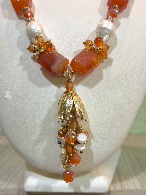 Colier și cercei din agate mari,perle baroc,hematit perle de cultura și accesorii placate cu aur~LAST LIGHT OF AUGUST~
