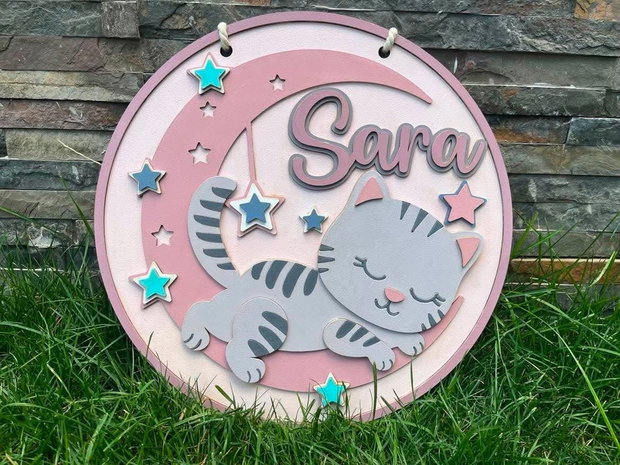 Decoratiune Personalizată Cameră Copil  Tablou 3D din MDF, Pisicuță pe Lună și Stele