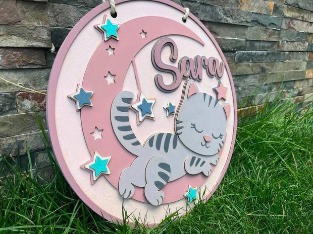 Decoratiune Personalizată Cameră Copil  Tablou 3D din MDF, Pisicuță pe Lună și Stele