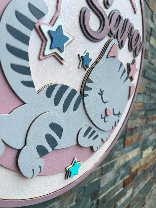 Decoratiune Personalizată Cameră Copil  Tablou 3D din MDF, Pisicuță pe Lună și Stele