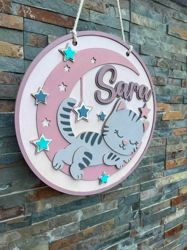 Decoratiune Personalizată Cameră Copil  Tablou 3D din MDF, Pisicuță pe Lună și Stele