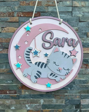 Decoratiune Personalizată Cameră Copil  Tablou 3D din MDF, Pisicuță pe Lună și Stele