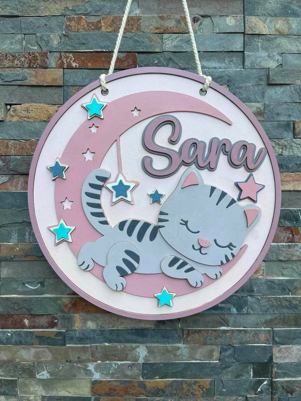 Decoratiune Personalizată Cameră Copil  Tablou 3D din MDF, Pisicuță pe Lună și Stele