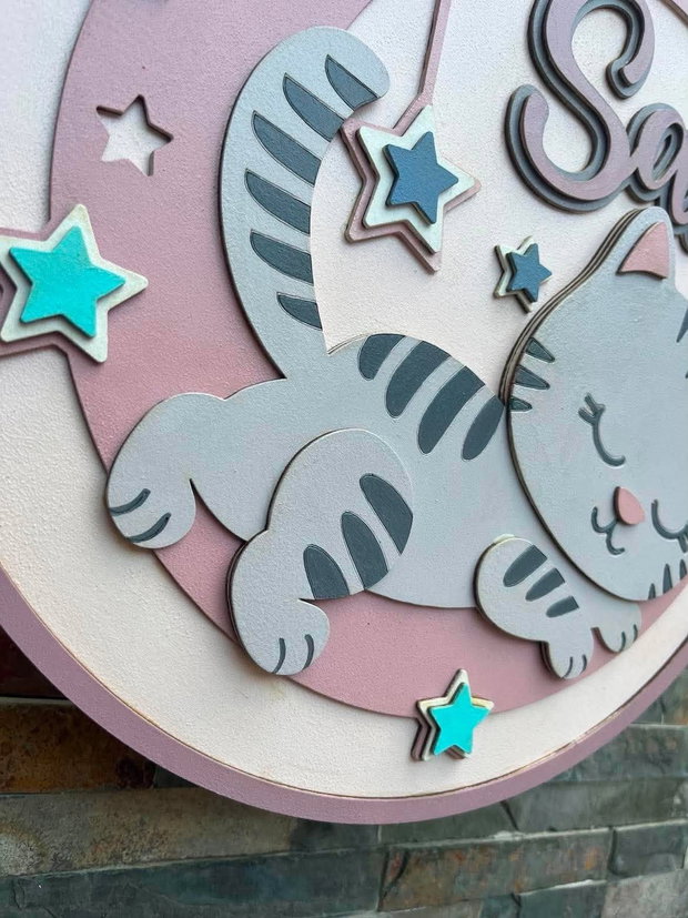 Decoratiune Personalizată Cameră Copil  Tablou 3D din MDF, Pisicuță pe Lună și Stele