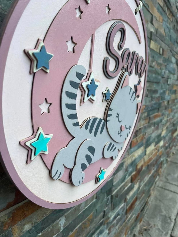 Decoratiune Personalizată Cameră Copil  Tablou 3D din MDF, Pisicuță pe Lună și Stele