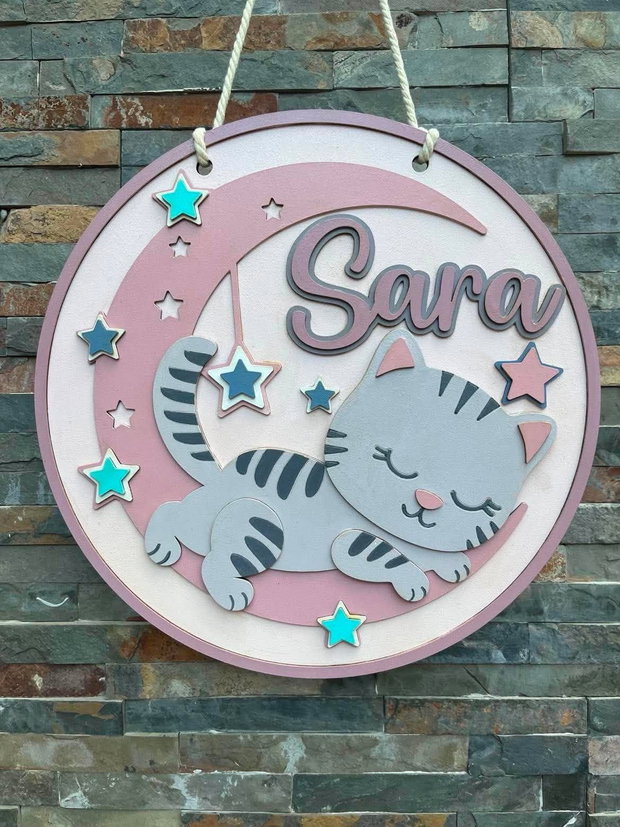 Decoratiune Personalizată Cameră Copil  Tablou 3D din MDF, Pisicuță pe Lună și Stele
