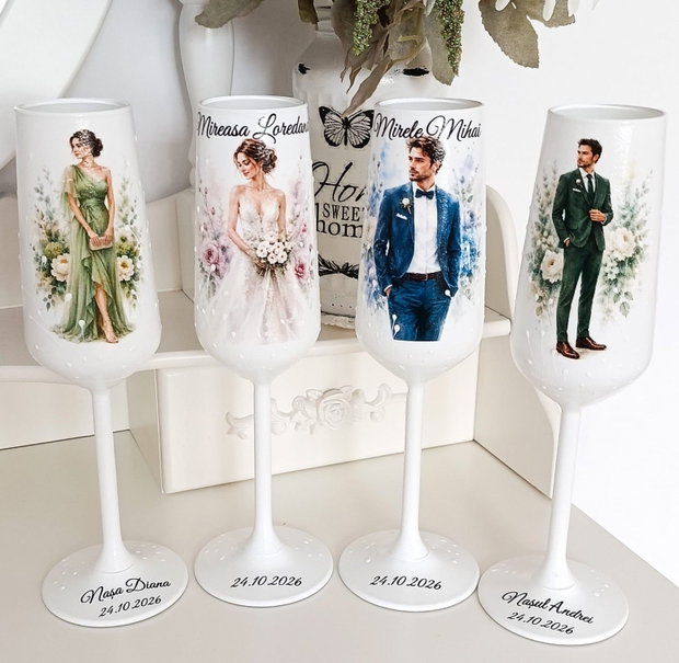 Pahare de nunta personalizate pentru miri, nasi si socri