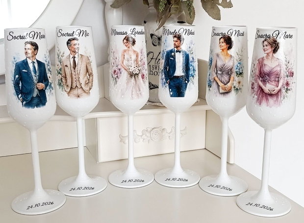 Pahare de nunta personalizate pentru miri, nasi si socri