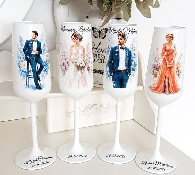 Pahare de nunta personalizate pentru miri, nasi si socri