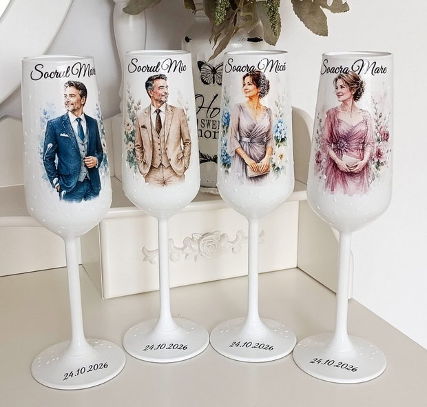 Pahare de nunta personalizate pentru miri, nasi si socri