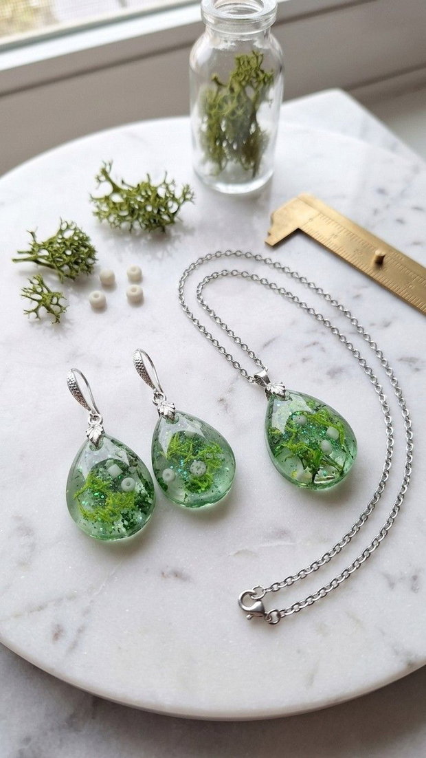 Set Bijuterii Handmade cu Mușchi Natural și Rășină Epoxidică