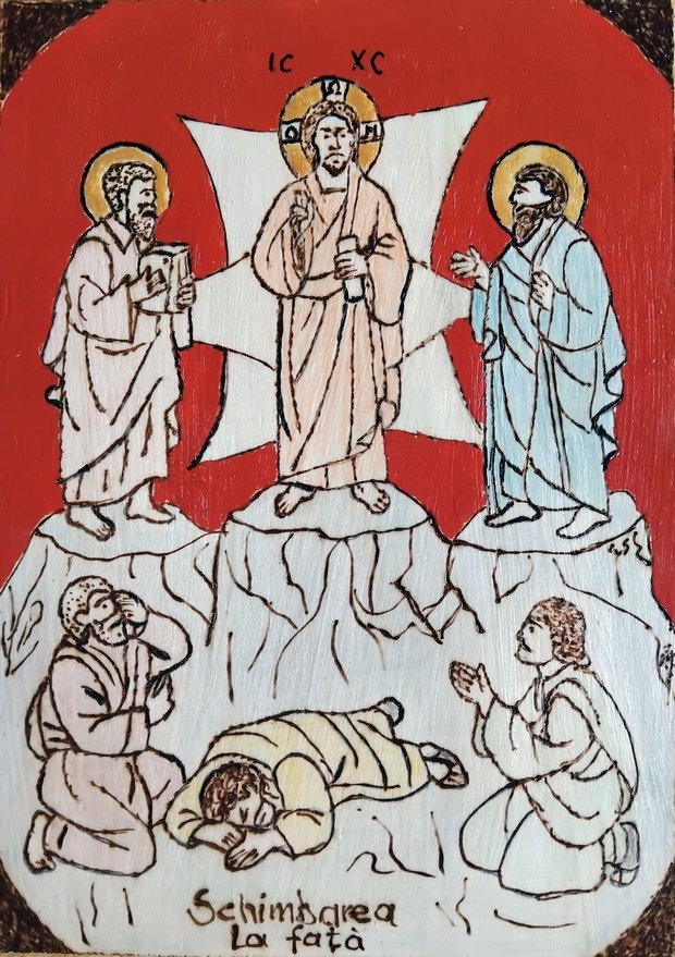 Icoane pirogravate Fecioara și Pruncul, Isus Pantocrator, Schimbarea la față