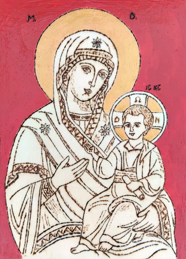 Icoane pirogravate Fecioara și Pruncul, Isus Pantocrator, Schimbarea la față