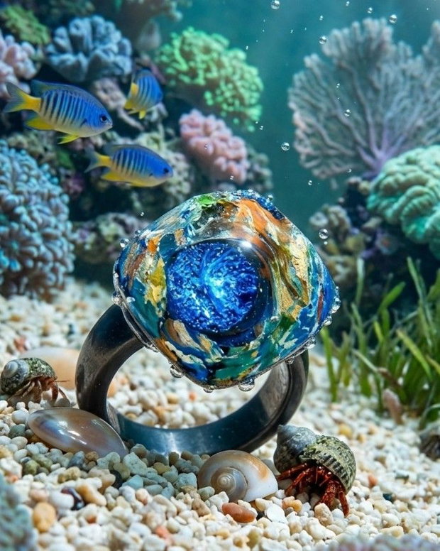 Inel unicat din argint pur, cu banda texturata si patinata, cu pesti exotici colorati cu rasina UV multicolora si cabochon de sticla fuzionata fosforescenta