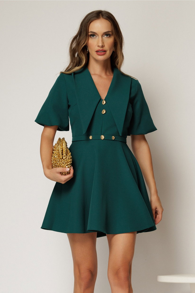 Rochie scurta verde cu guler ascutit si nasturi